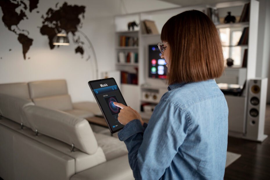 mulher jovem usando tecnologia domestica